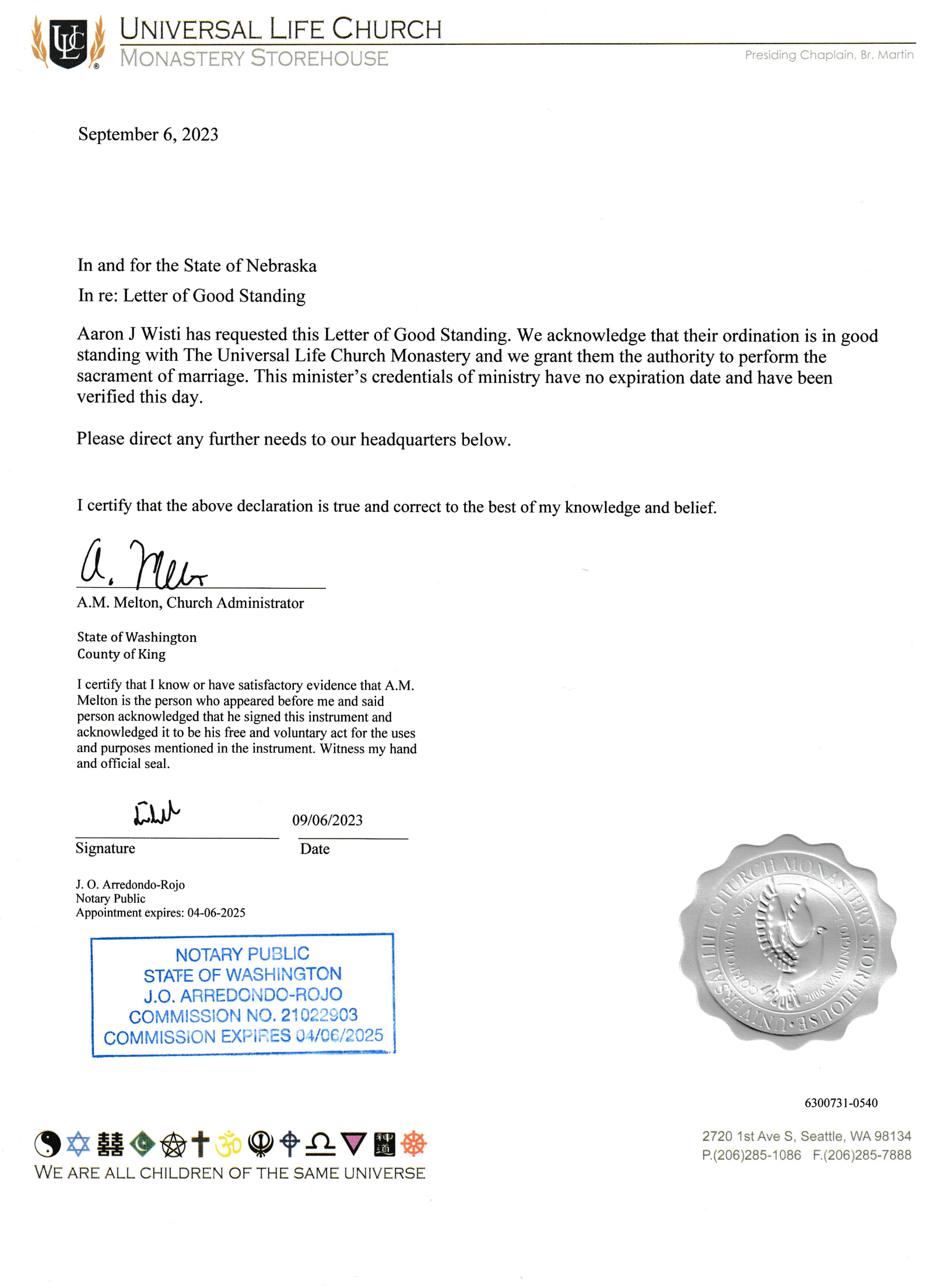 Aaron's Letter of Good Standing